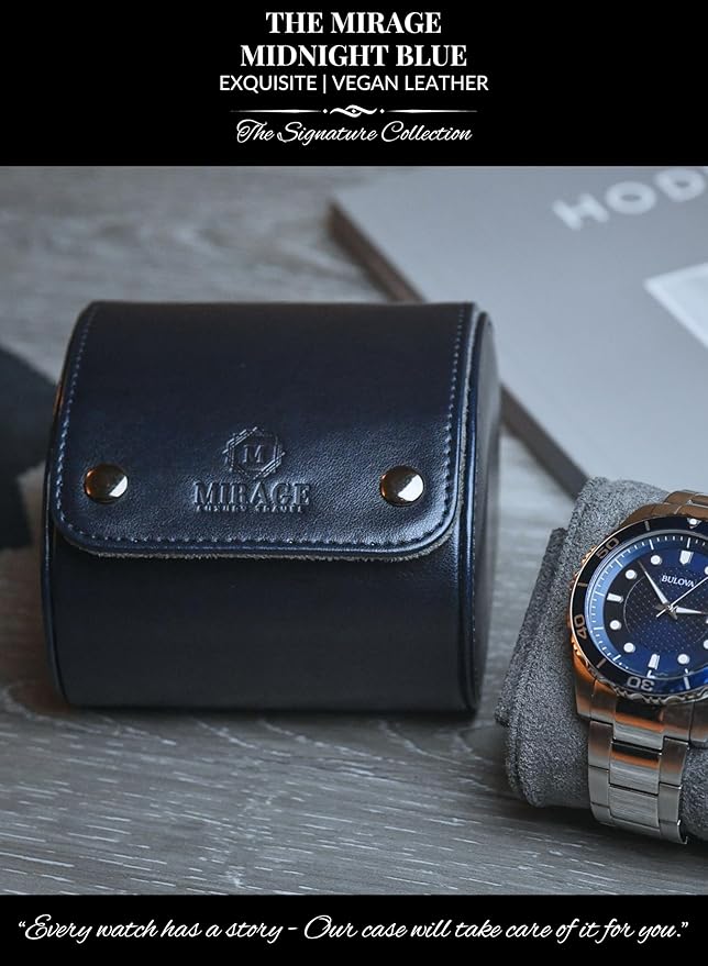 Single Watch Case - 1 Watch Travel Case Holder - Midnight Blue Swiss Motif Vegan Leather