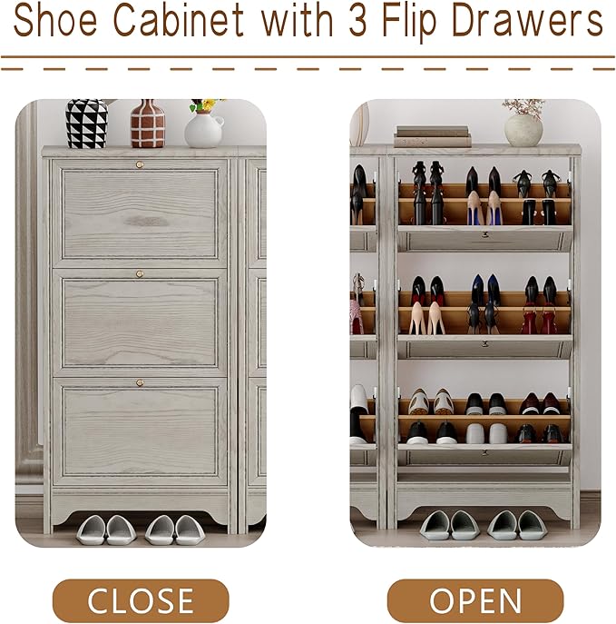 Chogori 3-Tier Shoe Cabinet – Solid Wood Entryway Shoe Storage Organizer with Flip-Up Doors, Adjustable Shelves – Narrow Freestanding Shoe Cabinets for Hallway – Space-Saving Design (2, Charcoal Gray)