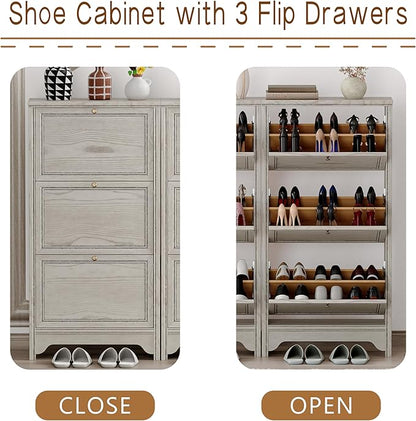 Chogori 3-Tier Shoe Cabinet – Solid Wood Entryway Shoe Storage Organizer with Flip-Up Doors, Adjustable Shelves – Narrow Freestanding Shoe Cabinets for Hallway – Space-Saving Design (1, Charcoal Gray)