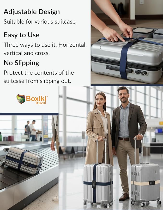 TSA Approved Luggage Straps – Set of 2 Anti-Burst Adjustable Polyester Suitcase Belts with 3-Dial Combination Lock – Prevents Accidental Opening, Secure Travel (Gray)