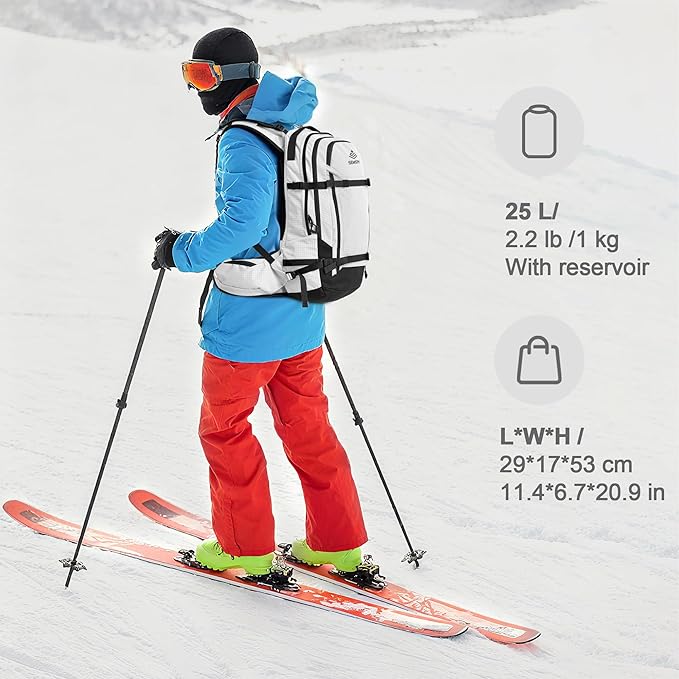 25L Ski Hydration Backpack with 2L Water Bladder, Insulated Harness, Waterproof Snowboard Travel Hiking Backpack for Snowboard Ski Hiking Camping