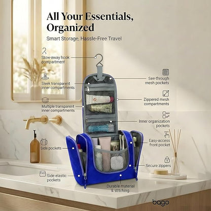 Bago Travel Toiletry Bag for Women and Men - Large Waterproof Hanging Large Toiletry Bag for Bathroom and Travel Bag for Toiletries Organizer - Makeup Bag (DeepBlue)