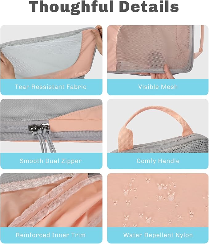 Hynes Eagle 6 Set/ 4 Set/ 2 Set Compression Packing Cubes Travel Essentials Lightweight Nylon Luggage Suitcase Organizer Bag Light Pink 6PCS