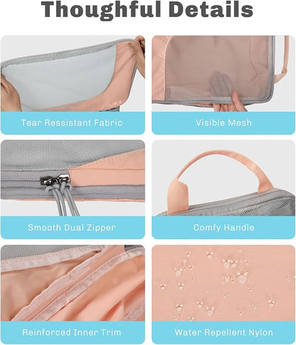 Hynes Eagle 6 Set/ 4 Set/ 2 Set Compression Packing Cubes Travel Essentials Lightweight Nylon Luggage Suitcase Organizer Bag Light Pink 6PCS