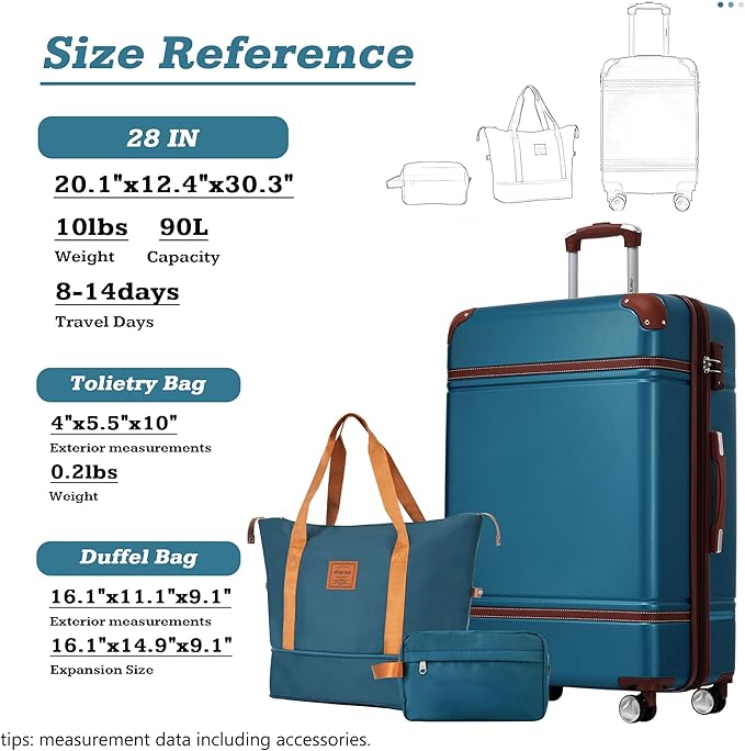 Merax Luggage Set,28 IN Hardside Suitcase with Duffel Bags,3 Piece Expandable Luggage with Spinner Wheels, Vintage Luggage with TSA Lock Lightweight,(Blue)