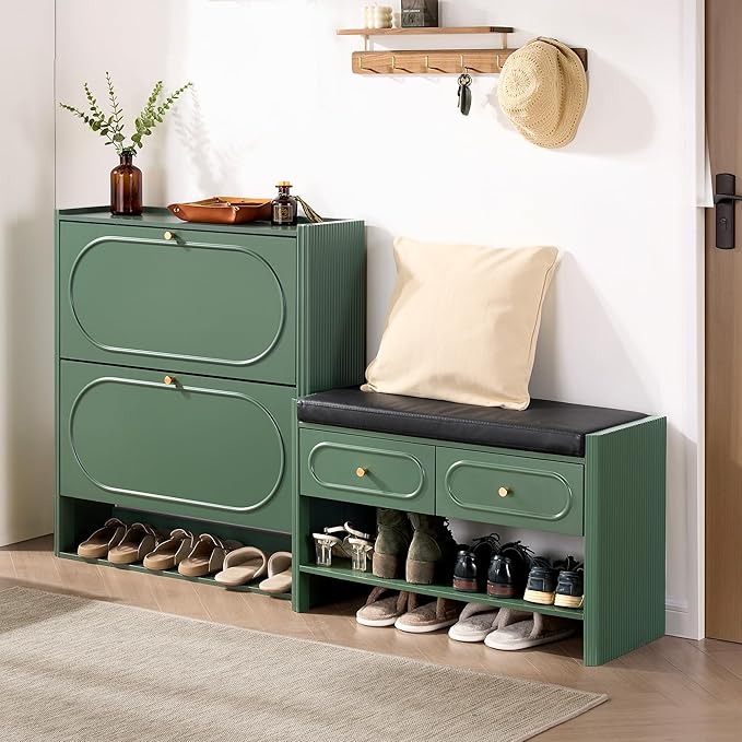 ORRD Shoe Storage Cabinet with 2 Flip Drawers, Wood Narrow Shoe Cabinet for Entryway, Fluted Hidden Shoe Organizer, Freestanding Slim Shoes Cabinets for Foyer, Hallway-Green