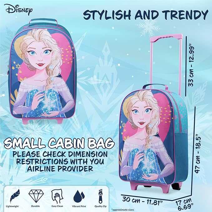 Disney Kids Rolling Luggage 16×11 in, 16‑L Carry‑On Suitcase with Wheels, Foldable Lightweight Travel Bag, Gifts for Kids (Blue Elsa)