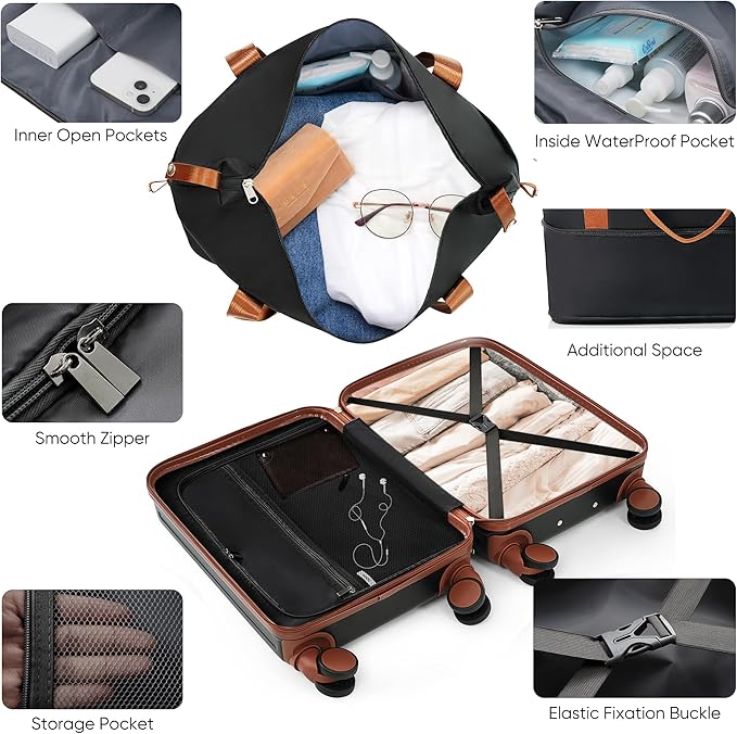 Merax 4-Piece Luggage Sets with USB Charging Ports 20/28Inch Checked Suitcase with TSA Lock Travel Duffel Bag Wet-Dry Toiletry Bag, black and brown