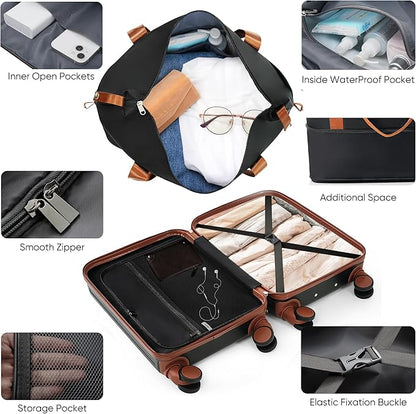 Merax 4-Piece Luggage Sets with USB Charging Ports 20/28Inch Checked Suitcase with TSA Lock Travel Duffel Bag Wet-Dry Toiletry Bag, black and brown