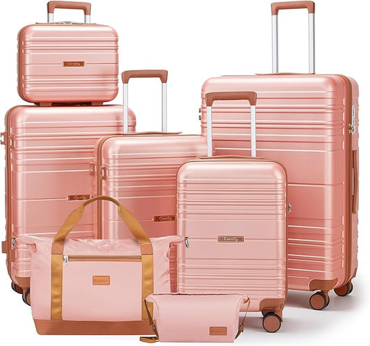 Luggage Sets with spinner wheels, PC+ABS Hard Shell Travel Luggage,Lightweight Carry-on suitcases with TSA Lock,YKK Zippers (Pink, 7 piece sets（14/18/20/24/28/DB/TB）)