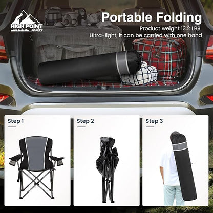 HIGH POINT SPORTS Oversized Camping Folding Chair, Heavy Duty Outdoor Chair with Armrest, Portable Lawn Chair with Cup Holder for Adults Support 350 LBS, 2 Pack, Gray-Black