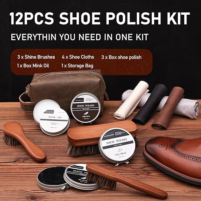 12Pcs Shoe Polish Kit, Horsehair Brush Shoe Shine Kit For men, Shoes Boots Care Brushes Polish Kit