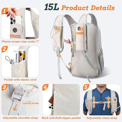 15L Small Hiking Backpack for Men Women Foldable Packable Back Pack Ultralight Hiking Daypack for Travel Camping Outdoor, Beige