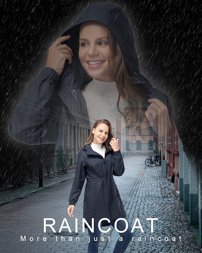 33,000ft Women's Waterproof Long Rain Coats Packable Rain Jacket with Hood Trench Coats Windbreaker