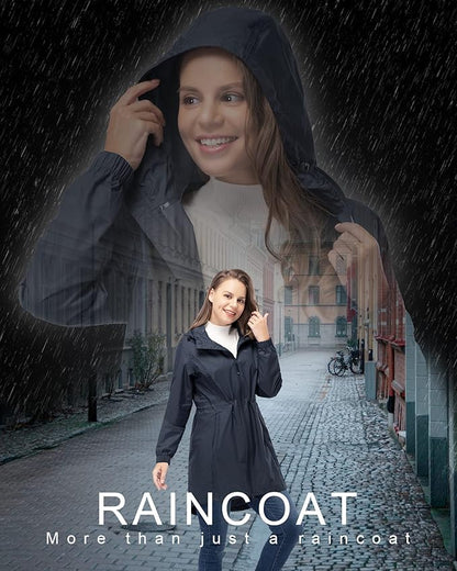33,000ft Women's Waterproof Long Rain Coats Packable Rain Jacket with Hood Trench Coats Windbreaker