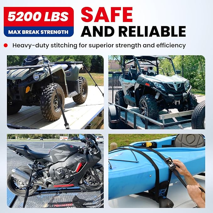 MOCA w/Lock Heavy Duty Ratchet Tie Down Straps, 5200 Lb Breaking Strength, 1.6" x 8 ft Heavy Duty Tie Down Kit with Padded Handles & Coated Chromoly S Hooks & 4 Soft Loops Black