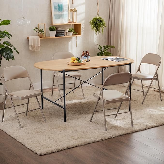Folding Chairs 12 Pack, Portable Stackable Commercial Chair, Indoor Outdoor Padded Leather Chair with Sturdy Metal Frame, for Home, Office, or Party Events. (Kahki, 12 Pack)