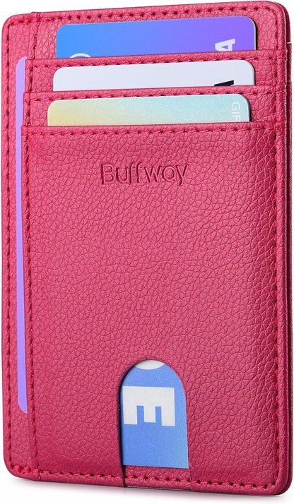 Buffway Slim Minimalist Front Pocket RFID Blocking Leather Wallets for Men and Women - Lichee Red