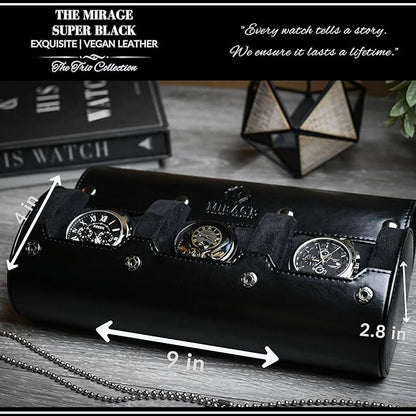 Travel Watch Case – 3 Watch Organizer Travel for Men - Watch Carrying Case Holder and Display - Super Black Motif Vegan Leather