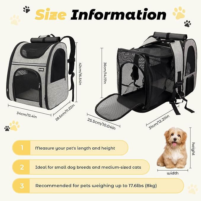 Zavothy Expandable Pet Backpack Carrier for Small Cats & Dogs, Airline Approved Travel Bag with Mesh Windows, Expandable Space, Padded Bottom, Foldable Design Grey