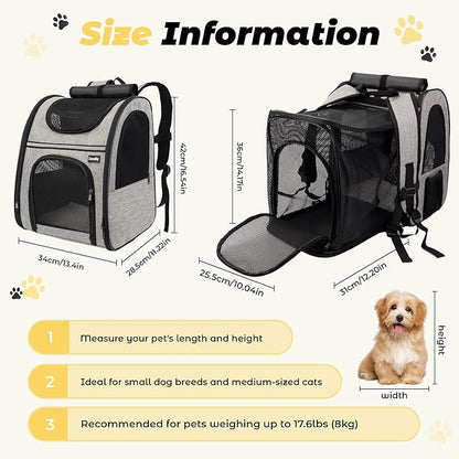 Zavothy Expandable Pet Backpack Carrier for Small Cats & Dogs, Airline Approved Travel Bag with Mesh Windows, Expandable Space, Padded Bottom, Foldable Design Grey
