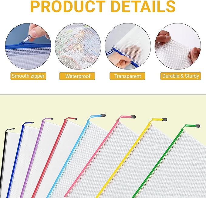 Mesh Zipper Pouch Bags, A4 Letter Size, 24 Pack 8 Colors Mesh Bags, Waterproof Document Zipper Pouches for Office School Supplies, Toys, Cosmetics Travel Storage(13''×9.5'')