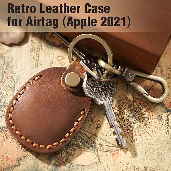 Genuine Leather Airtag Holder, Portable Air Tag Keychain with Key Rings Full Coverage Air Tags Hidden Case Cover Compatible for AirTags White