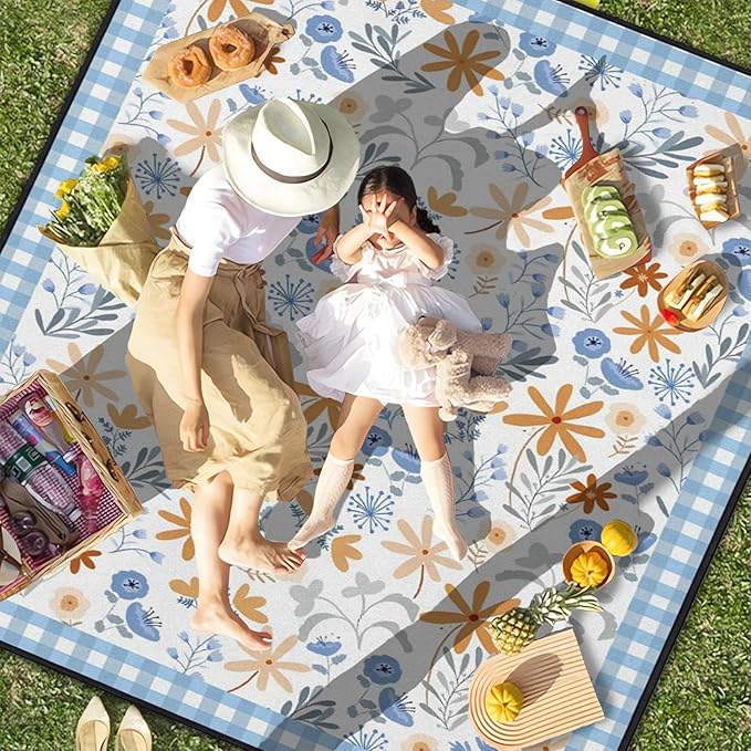 Extra Large Picnic Outdoor Blanket 80''x80'' Blue Plaid Flowers Waterproof and Sandproof Picnic Mat for Beach Foldable Camping Accessories for Grass Lawn Park
