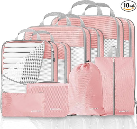 Compression Packing Cubes 10 Set, Compressible Space-Saving Packing Cubes for Travel - Compression Bags, Luggage Organizer, Travel Essentials for Women, Pink