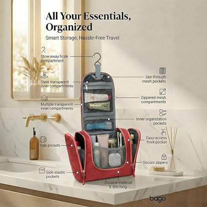 Bago Travel Toiletry Bag for Women and Men - Large Waterproof Hanging Large Toiletry Bag for Bathroom and Travel Bag for Toiletries Organizer - Makeup Bag (Red)