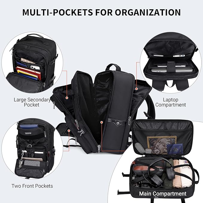 WITZMAN Carry On Travel Backpack for Men Large Convertible 45L Fit 17 Inch Laptop Backpack 3 in 1 Bag for Airline Approved(B688 Black)
