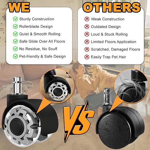 Office Chair Wheels, 2 Inch Smooth & Quiet Rolling Casters Replacement, Computer Gaming Chair Casters for All Hardwood Floors & Carpet, Smooth Safe Rubber Wheels-Set of 5, Grey