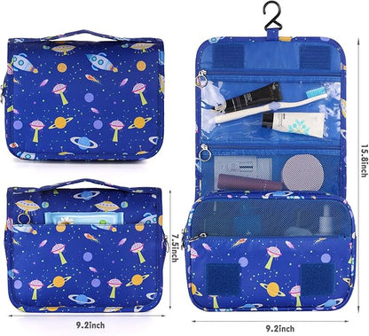 Kids Hanging Toiletry Bag for Boys, Travel Toiletry Bag for Little Young Boys Waterproof Wash Bag Toddler Traveling Toiletries, Space Blue