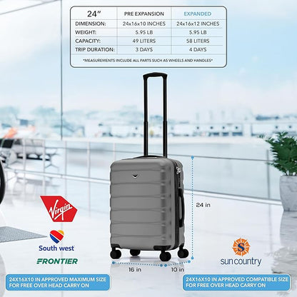 Flight Knight 24x16x10 Expandable Carry On Suitcase Hardside TSA Lock USB C Lightweight Luggage Silent Double Spinner Wheels Maximum Overhead Carry-On Bag For Virgin & South West Approved Airlines