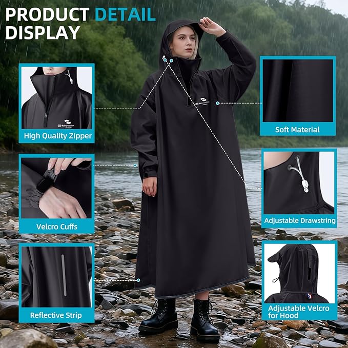 Hooded Rain Poncho for Adults Waterproof Rain Ponchos Lightweight Raincoat Reusable Rain Jacket for Men Women Outdoor