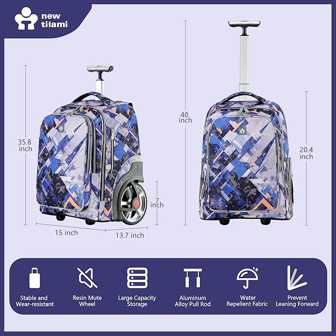 NEW TILAMI 20" Rolling Backpack for Teens Adults, Climbing Stairs Waterproof Backpack with Wheels for School Business Trave Camping with Laptop Compartment, Fit 17 Inch Laptop, Crazy Color Mash