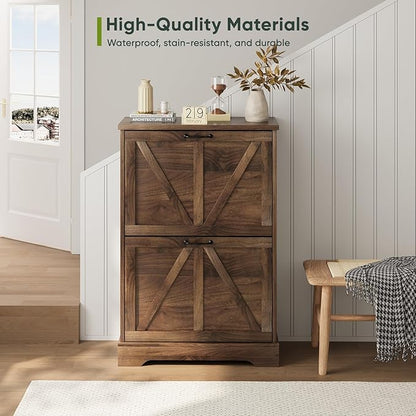 Shoe Cabinet, Shoe Storage Cabinet for Entryway with 2 Flip Drawers, Narrow Farmhouse Shoe Organizer Cabinet, Slim Shoe Rack Cabinet, 23.6in Walnut