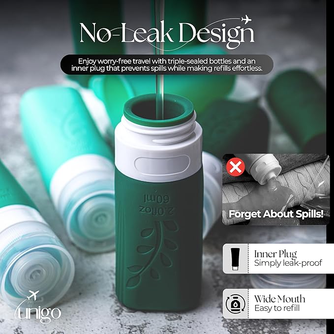 unigo 30pack Full Set TSA Approved Travel Bottles for toiletries, Travel Size Containers for Toiletries, Refillable Leakproof Shampoo and Conditioner Bottles, Toiletry Containers (Green)