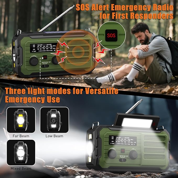 Emergency Radio Hand Crank Solar, 10000mAh/37000mWh Emergency Weather Radio, Hand Crank Solar Radios with NOAA/AM/FM, Cell Phone Charger, Headphone Jack, Flashlight for Indoor Outdoor