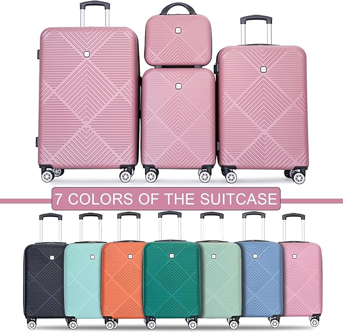Luggage 4 Piece Set, Hardshell ABS Suitcase Set with Double Spinner Wheels, Lightweight Suitcase, Carry On and Checked Travel Luggage,Rose Pink
