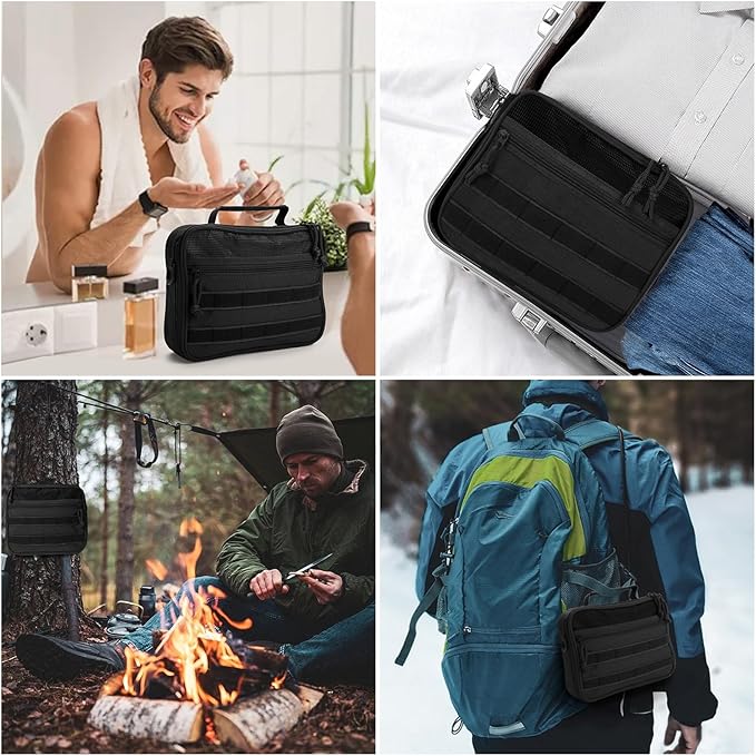 Tactical Toiletry Bag for Men Women, Travel Hanging Toiletry Bags, Toiletries Organizer Dopp Kit, Travel Cosmetic Bag,Shaving Hygiene Bag, Bathroom Essentials Men's Toiletry Bag for Camping - Black