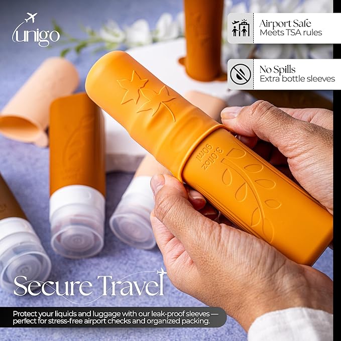 unigo Travel Bottles For Toiletries, 4 pack TSA Approved Containers, Travel Size Toiletries, Shampoo and Conditioner Bottles, Leak Proof and Refillable Bottles, BPA Free, Extra Bottle Covers (Apricot)
