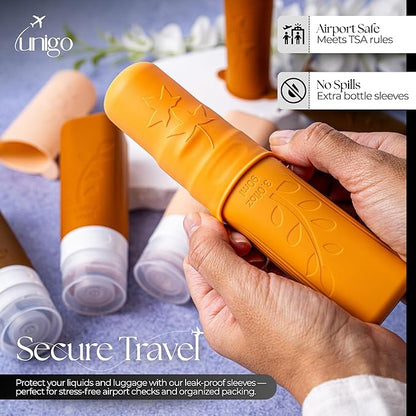 unigo Travel Bottles For Toiletries, 4 pack TSA Approved Containers, Travel Size Toiletries, Shampoo and Conditioner Bottles, Leak Proof and Refillable Bottles, BPA Free, Extra Bottle Covers (Apricot)