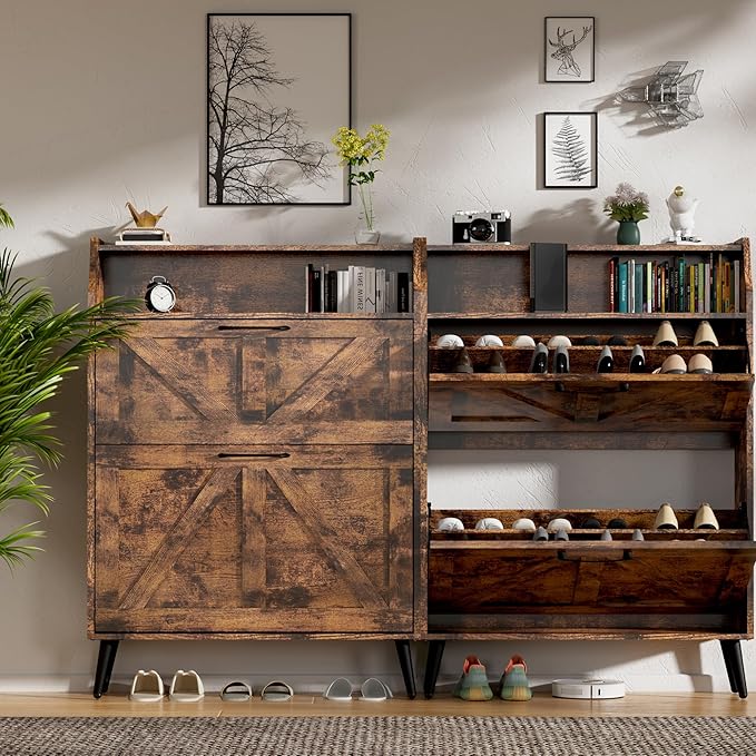 Shoe Cabinet for Entryway, Shoe Organizer Cabinet Slim 9.35", Flip Drawer Shoe Rack with Top Shelf, Narrow Wood Shoe Storage for 34 Pairs, Modern Rustic Entryway Furniture