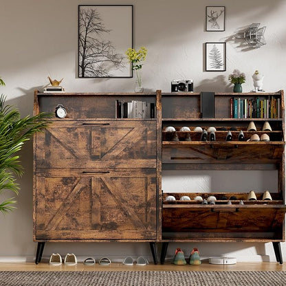 Shoe Cabinet for Entryway, Shoe Organizer Cabinet Slim 9.35", Flip Drawer Shoe Rack with Top Shelf, Narrow Wood Shoe Storage for 34 Pairs, Modern Rustic Entryway Furniture