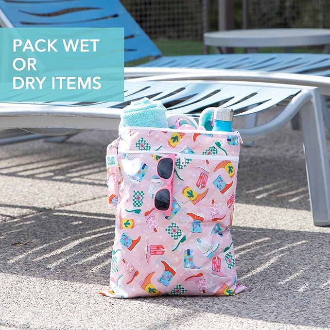 Bumkins - Waterproof Wet and Wetdry Bags - For Beach, Baby, Travel, Swim Suit, Cloth Diapers, Pump Parts, Pool, Gym, Toiletries - Reusable & Easy to Clean - Cowgirl Boots - 2 Pack