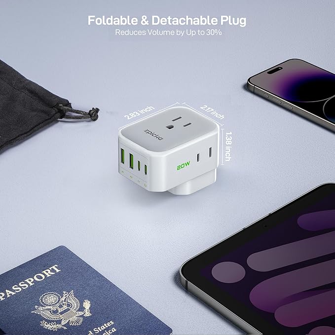 EPICKA Hybrid Travel Plug Adapter, 2 Packs Foldable & Detachable Type G (UK) VisaPlug, 8-in-1 International Power Adapter with 4 USB Ports (2 USB-C PD 20W), Travel Essentials for US to England