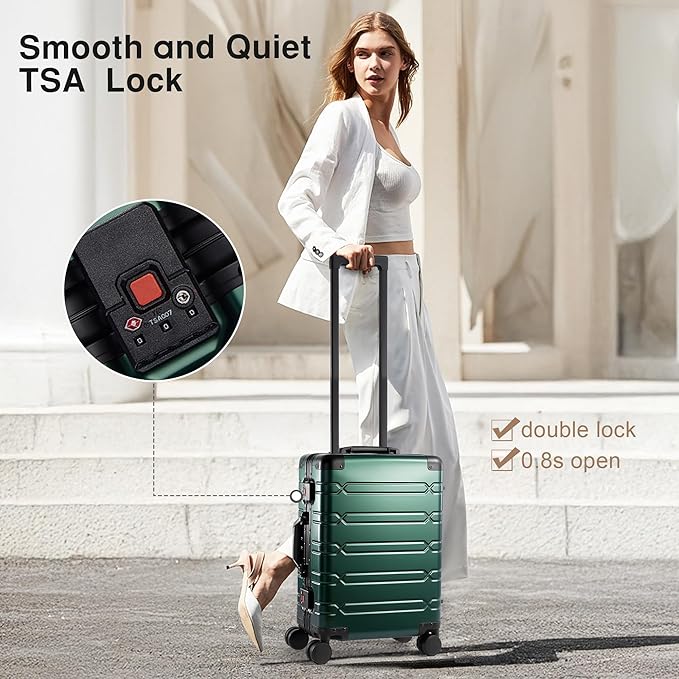 All Aluminum 24 Inch Check In Luggage Hard Shell Suitcases with Spinner Wheels and TSA Lock, Checked Medium Suitcase (Dark Green)