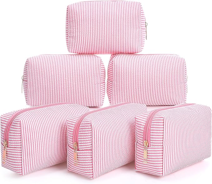 Sanwuta 6 Pcs Seersucker Cosmetic Bags Bulk Seersucker Makeup Bags Stripe Women Pouch Large Preppy Storage Pouch Toiletry Travel Organizer for Wedding Bridesmaid Bride Favor Mom Gift (Pink)