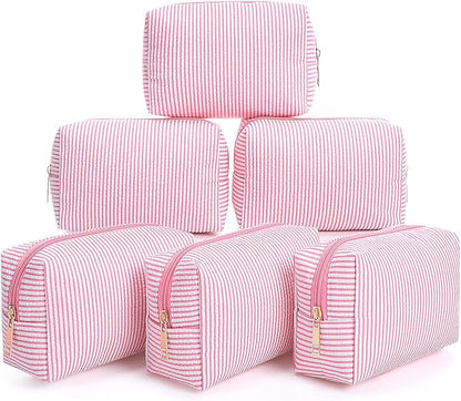 Sanwuta 6 Pcs Seersucker Cosmetic Bags Bulk Seersucker Makeup Bags Stripe Women Pouch Large Preppy Storage Pouch Toiletry Travel Organizer for Wedding Bridesmaid Bride Favor Mom Gift (Pink)
